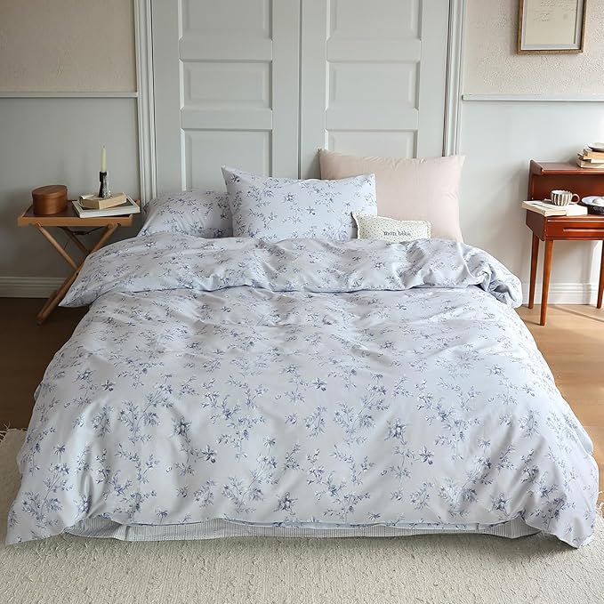 Blue Floral Duvet Cover Full Cute Kids Girls Bedding Set Cozy Cotton Flower Botanical Print Comforter Cover for Teens Children Boys Boho Garden Style Floral Bedding Sets Full with 2 Pillowcases