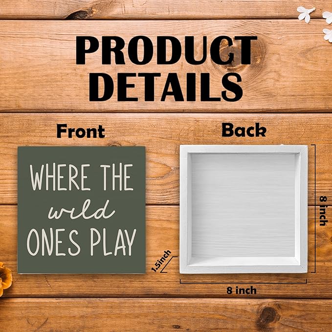 Where The Wild Ones Play Green Wood Box Sign Desk Decor 8x8, Nursery Kids Room Wooden Block Sign Decorations for Playroom Toddler Boys Girls Room Wall Tabletop Shelf Decor
