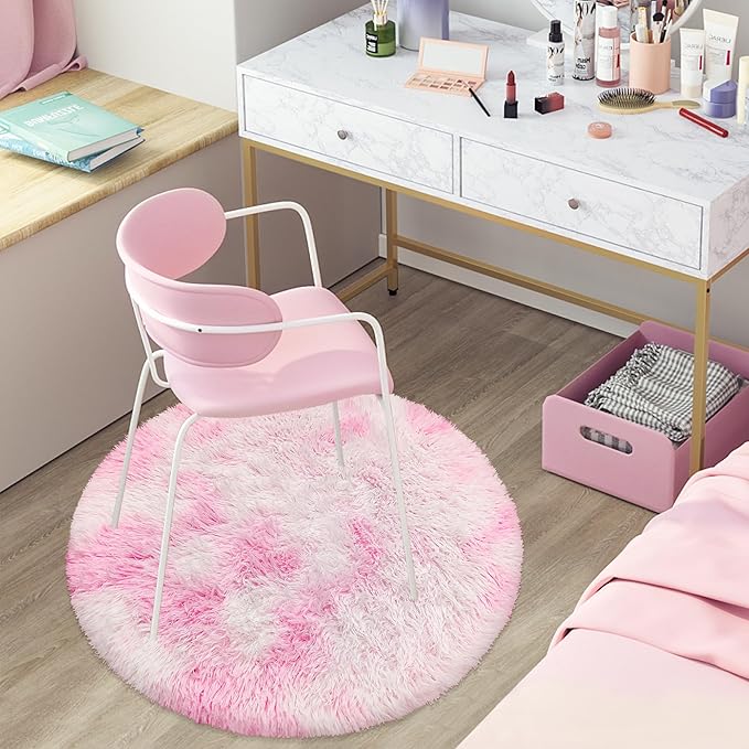 Pink Round Rugs for Bedroom, 3' Circle Area Rugs for Living Room, Tie Dye Colorful Soft and Fluffy Shaggy Carpet for Girls Boys Room Nursery Baby Playroom Unicorn Home Decor Aesthetic, Washable