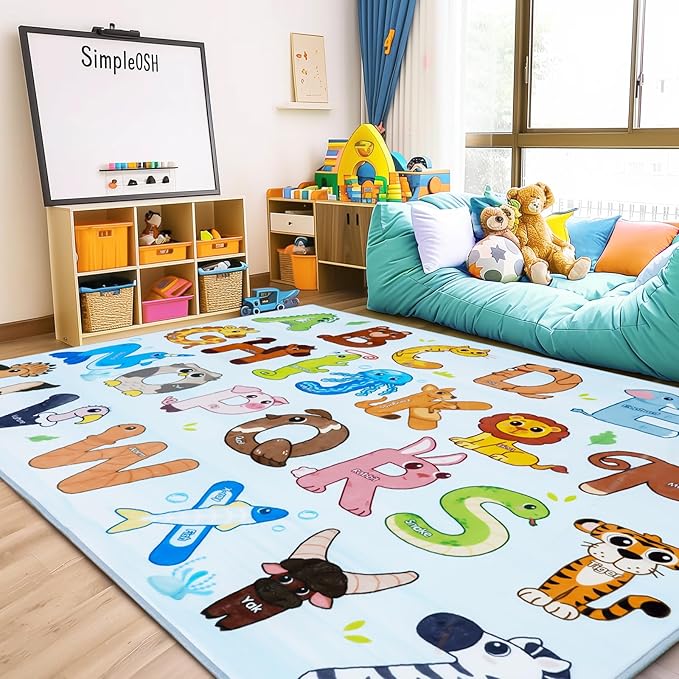 Kids Rugs for Playroom, 8x10 Feet Educational Rug for Learn The ABC Alphabet, Soft Machine Washable Non-Slip Cute Animal Carpet for Classroom Toddler Nursery Kids Room Decor Mat, Blue