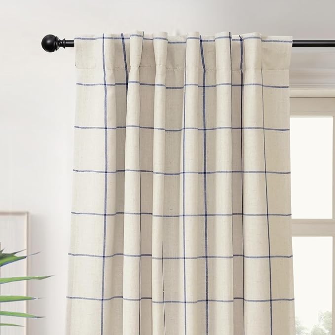 DriftAway 2 Panels 100% Blackout Windowpane Plaid Linen Curtains Double Layer Drapes for Bedroom 84 Inches Long Farmhouse Thermal Insulated 3.25 Inch Rod Pocket Back Tab for Living Room Navy Blue