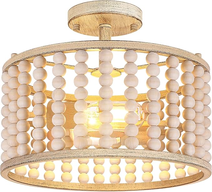 Wood Beaded Chandelier - Farmhouse Boho Light Fixture, Rustic Semi Flush Mount Ceiling Light, Oak 2 Lights Nursery Light Fixture for Hallway Foyer Bedroom Kitchen Island Living Room, E26 Base