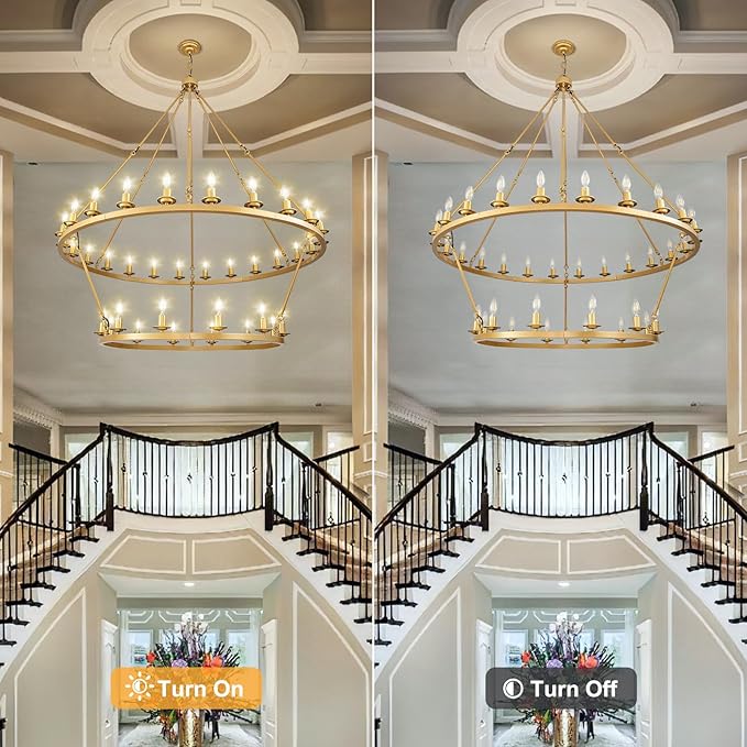 Wagon Wheel Chandelier, 2-Tier 36-Light Gold Large Modern Farmhouse Chandelier with Adjustable Height Island Light Fixture for High Ceiling Dining Room, Kitchen, Living Room, Entryways, Foyer