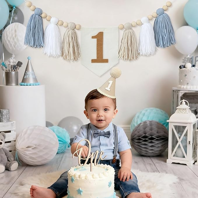 1st Birthday Highchair Banner Decorations For First Boys Khaki Cone Hat With One Cake Topper Photo Backdrop