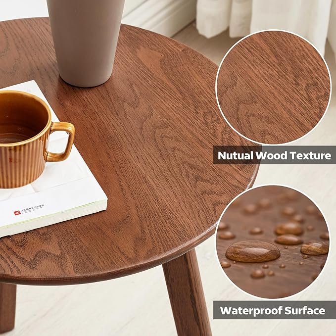 100% Solid Oak Round Side Table, Small Side Table for Small Spaces, 3-Legged Living Room End Tables Set of 2 with Stable Frame for Bedroom Couch Side Entryway, Walnut