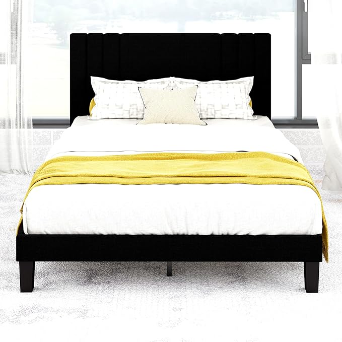 Tyndall Queen Size Bed Frame, Linen Fabric Upholstered Platform with Headboard