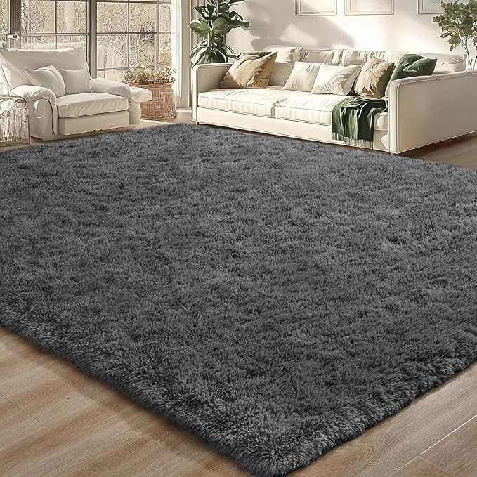 Merelax Soft Modern Indoor Large Shaggy Rug for Livingroom Bedroom Dorm Kids Room Home Decorative, Non-Slip Plush Fluffy Furry Fur Area Rugs Comfy Nursery Accent Floor Carpet 8x10 Feet, Dark Grey