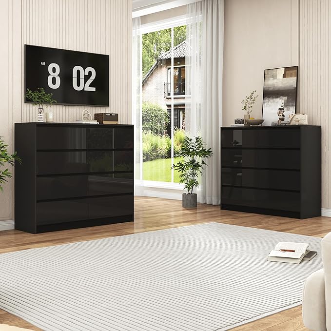 Black Malm High Gloss Dresser for Bedroom, 47" Wide 41" Tall Dresser with 8 Drawers, Modern Large Wood Chest of Drawer Handle Free, Living Room, Entryway, Hallway, Black