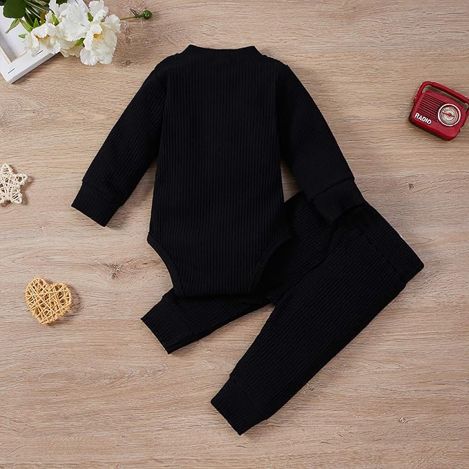 Newborn Baby Boy Girl Clothes Ribbed Knitted Cotton Long Sleeve Romper Long Pants Solid Color Fall Winter Outfits