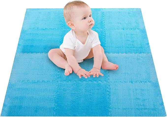 12 pcs Thickened Plush Foam Interlocking Floor Mats, Foam Mats for Floor Baby with Edgings, Soft Anti-Slip Square Foam Tiles, Puzzle Area Rug Playmat for Room Flat (11.8", Blue)
