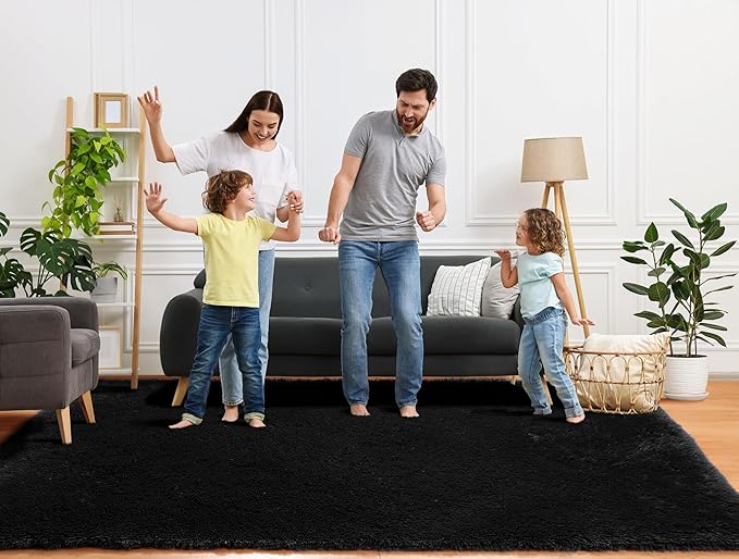 ONASAR Black Area Rugs for Living Room Bedroom, 5x8 Fluffy Shaggy Rug, Washable Soft Plush Large Indoor Floor Carpet for Nursery Kids Girls Boys Teen Dorm Bedside Playroom Home Office Decor Aesthetic