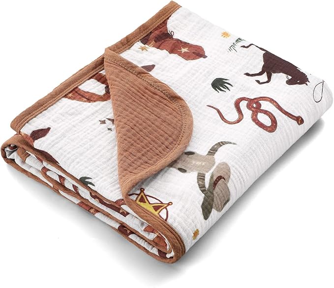 Breling Western Cowboy Muslin Baby Blankets for Girls Boys, 100% Cotton Crib Blanket for Infant Toddler, 40 x 36 Inch Soft and Lightweight Nursery Swaddling Wrap