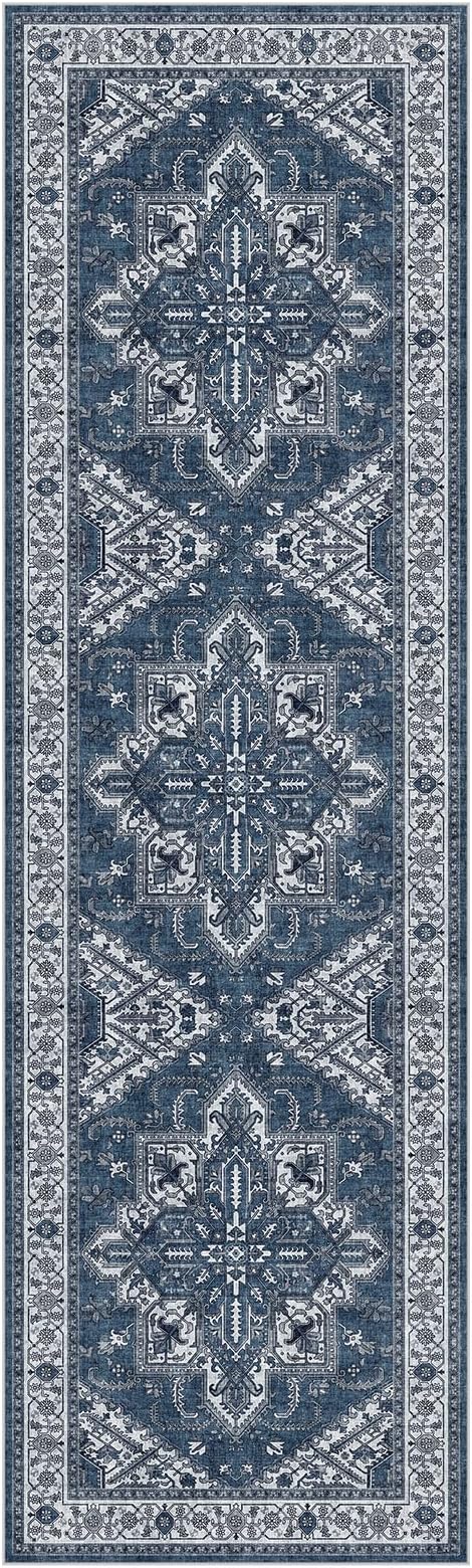 WITSHOCK Living Room Area Rugs 3X10: Washable Rug Boho Soft Non-Slip Low Pile Stain Resistant Foldable Carpet for Bedroom Playroom Dining Room Office Kitchen Farmhouse Home Decor Rug-Blue