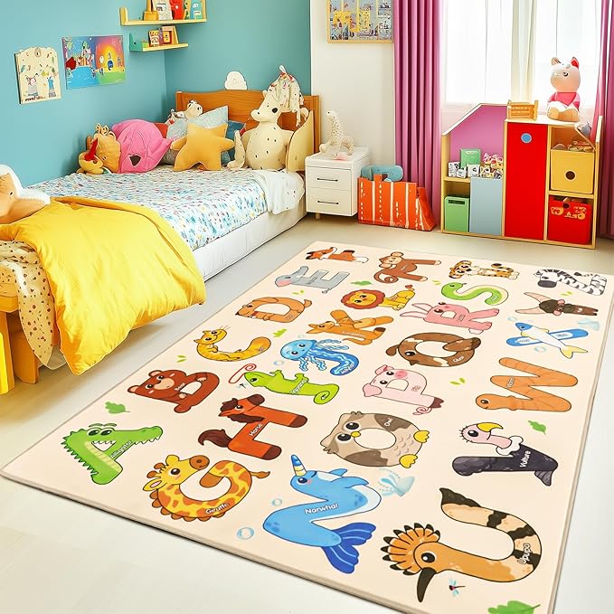 Kids Rugs for Playroom, 4x5 Feet Educational Rug for Learn The ABC Alphabet, Soft Machine Washable Non-Slip Cute Animal Carpet for Classroom Toddler Nursery Kids Room Decor Mat, Beige