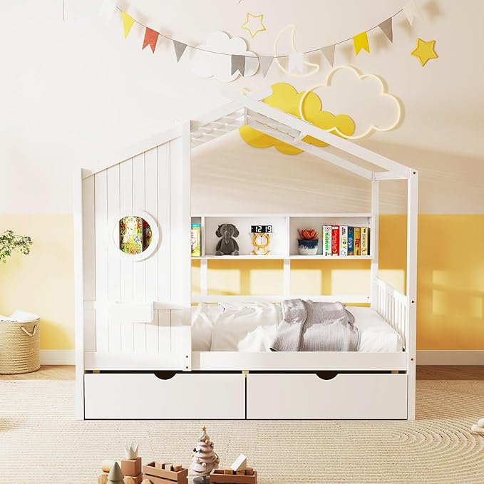 Aoowow Twin Size House Bed with Storage Shelves and Drawers, Wood Platform Kids House Bed with Window and Roof for Bedroom, Twin Playhouse Bed Frames for Boys Girls, Can be Decorated, White