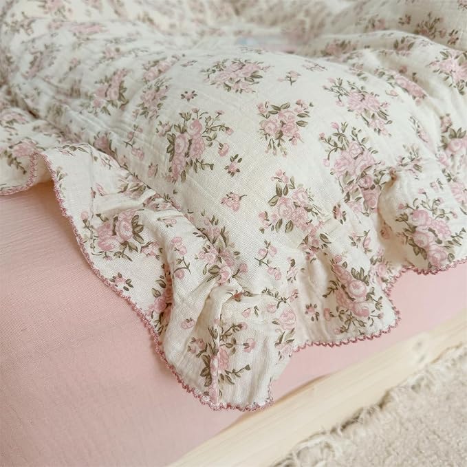 AOJIM Muslin Cotton Duvet Cover with Pink Floral Patterns, 1 Piece Super Soft Bedding Comforter Cover for Girls Women, 2-Layer Gauze Ruffled Edges Duvet Protector 79X90'', Machine Washable, No Quilt