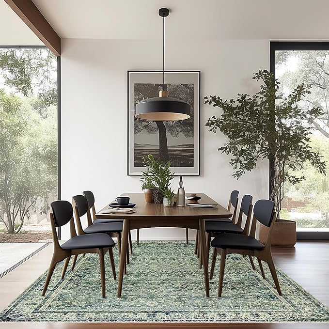 Dark Emerald Green Area Rugs 8x10 for Living Room,Washable Faux Wool Moody Floral Boho Vintage Oriental Indoor Large Carpet for Bedroom Under Bed Dining Room Under Table