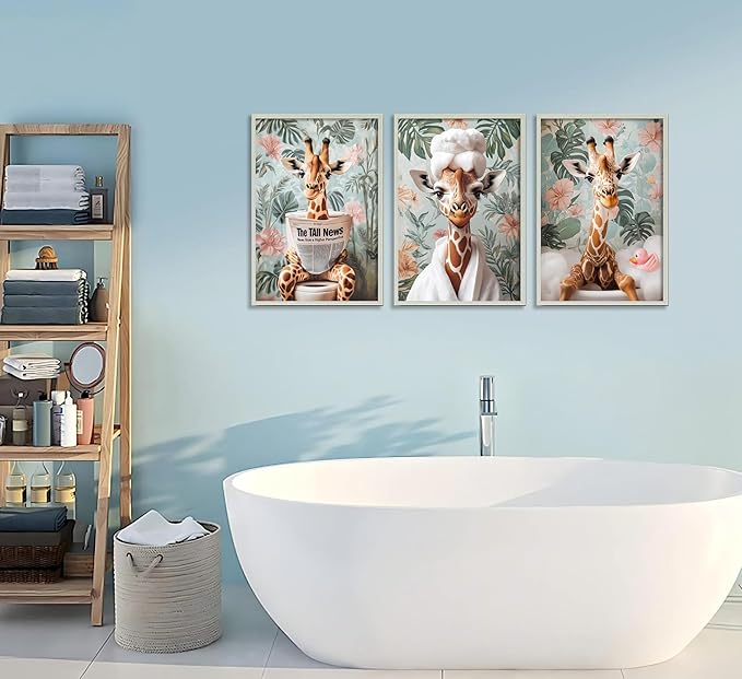 3Pcs Funny Animal Bathroom Canvas Wall Art Giraffe Reading Newspaper on Toilet Painting Picture Wall Decor Eclectic Jungle Giraffe Bathrobe Bathtub Poster Print for Toilet Bathroom Home Decoration