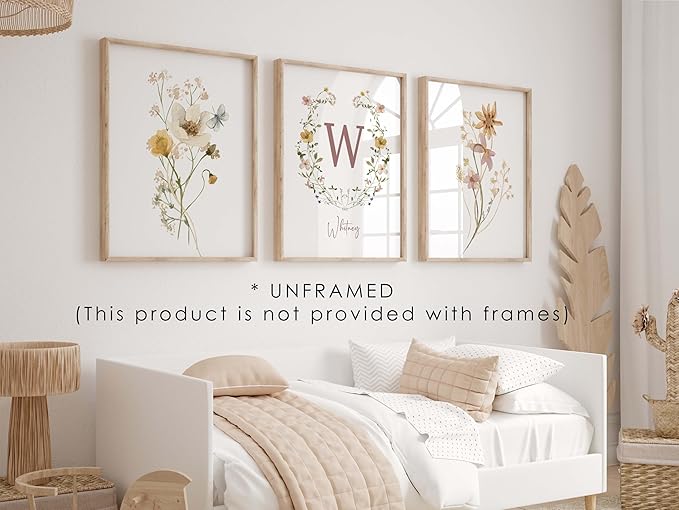 Personalized Name Flower Nursery Wall Art Prints, Crib & Nursery dรฉcor, Newborn Baby Girl Gift Present, Floral Baby Girl Room Pictures, Poster For Baby And Kids (3 Prints, Flower 3)