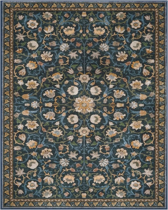 Anidaroel Floral Living Room Rugs 8x10, Washable Large Area Rug for Dining Room Soft Boho Bedroom Rug, Vintage Dark Green Carpet Low Pile Stain Resistant Floor Carpet for Home Office