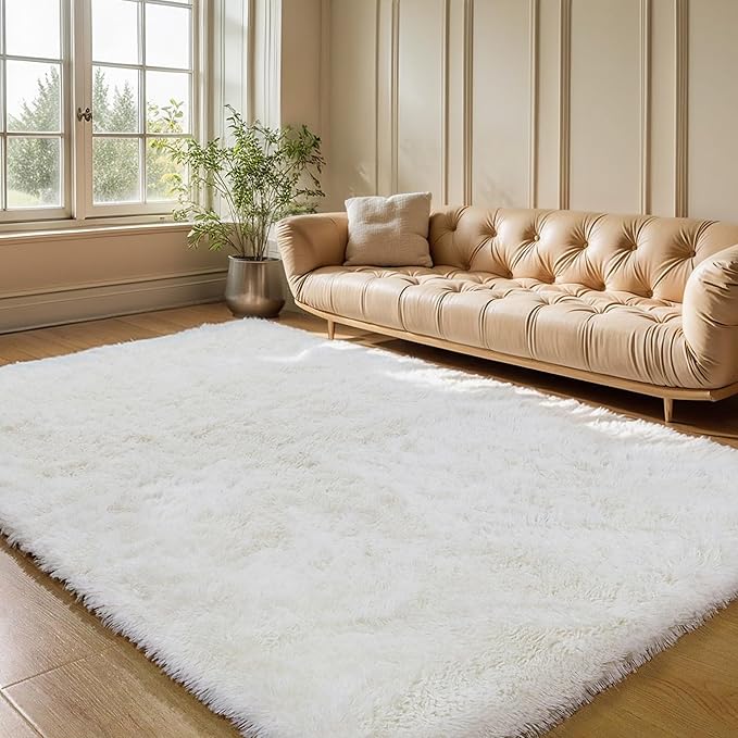 KCHOWUA Ceam White Fluffy Shag Large Area Rug for Living Room,5'x8' Machine Washable Furry Fuzzy Rugs for Bedroom,Modern Soft Shaggy Plush Cute Carpet for Kids Boys Girls Dorm Room Nursery,Ivory