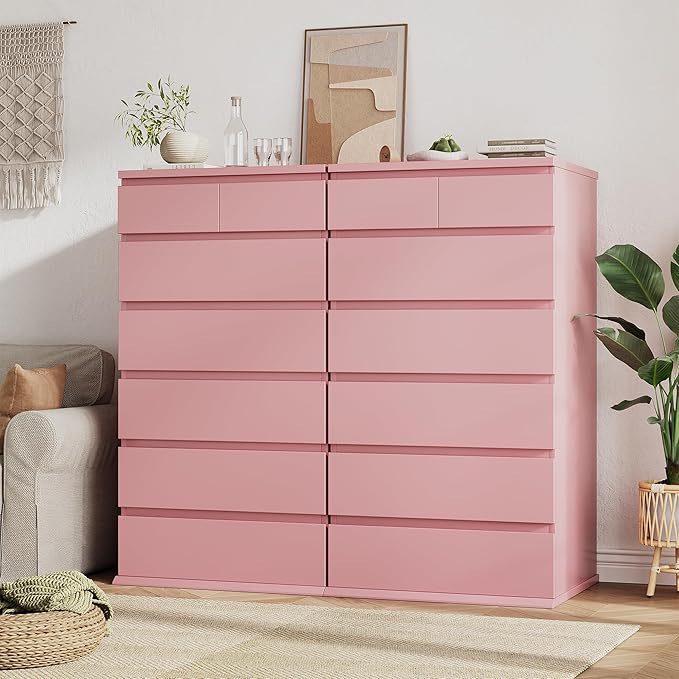 Pink Tall 7 Drawer Dresser for Bedroom, Modern Wood Closet Dressers & Chests of Drawers with Jewelry Storage, 23.6" L*15.8" W*47.5" H in Large Vertical Dresser for Bedroom, Living Room, Nursery