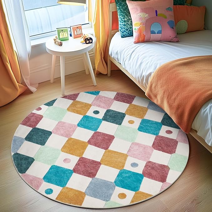 jinchan Macy Round Rug 4ft Kids Washable Rug Indoor Floor Cover Non-Slip Soft Modern Elementary School Classroom Colorful Diamond Carpet for Nursery Daycare Playroom Living Room Confetti on Cream