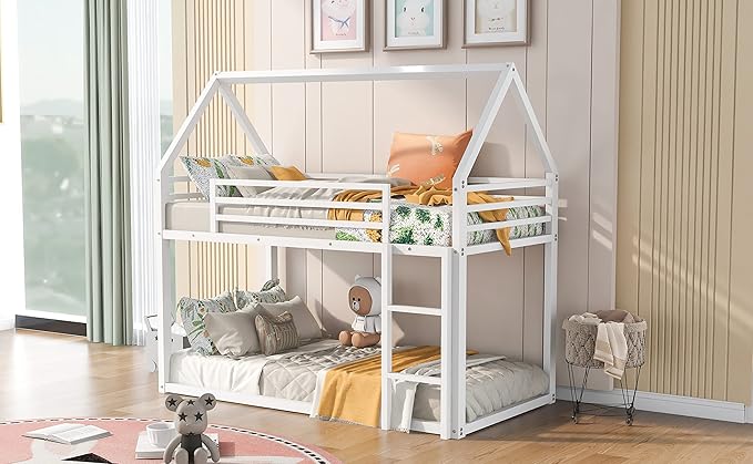 MERITLINE Metal Bunk Bed Twin Over Twin Size House Shaped Bunk Bed Frame Low Bunk Beds for Kids and Toddlers, Twin Size