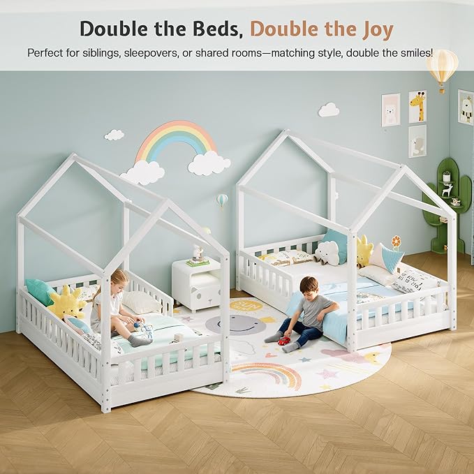 Jocisland Twin Size House Bed for Kids, Montessori Wooden Floor Bed Frame with Guardrails, Removable Rails, Playhouse Roof, Easy Assembly, Toddler Floor Bed for Boys & Girls, White