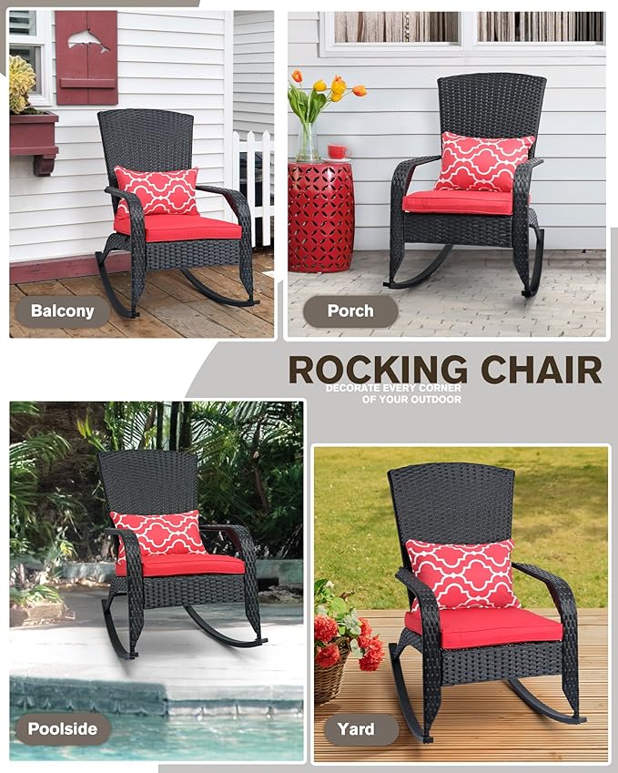 Outdoor Rocking Chair Set of 2- Outdoor Glider Rattan Rocker Chair with Heavy-Duty Steel Frame- All Weather Rocker Chair for Garden, Porch, Backyard, Poolside (Black and Red, 320lbs)