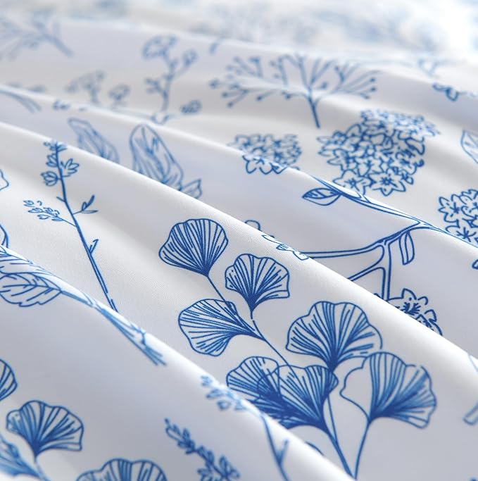 Floral Duvet Cover King Size White Blue Flower Bedding Set 3Pcs Spring Cottagecore Garden Botanical Reversible Comforter Cover with Zipper Closure and 2 Pillowcases