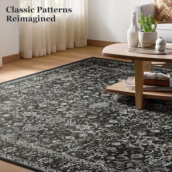 Washable Charcoal 5x8 Area Rugs, Vintage Earth Tone Dark Muted Black and Grey Carpet for Living Room Bedroom, Low Pile Thin Rug with Non Slip Rubber Backing for Dining Room Home Office