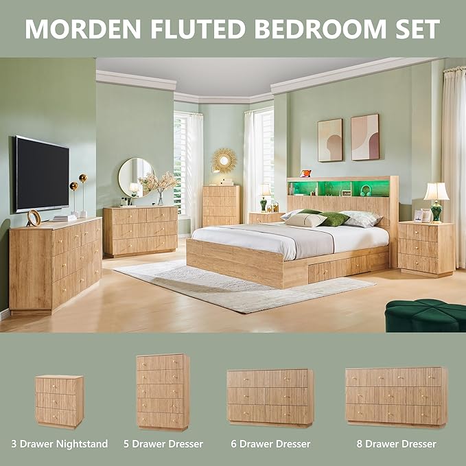 Fluted Night Stand with Charging Station, 21.65" Nightstand with Drawer, 3 Drawer Dresser for Bedroom, Morden End Table Bedside Table Chests of Drawers for Bedroom, Living Room, Natural