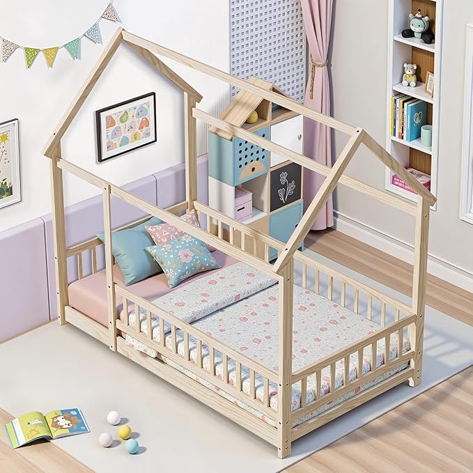 LLS Twin Size Montessori Floor Bed Frame with Slats and Fence, Wooden House Bed for Boys Girls Bedroom, Natural