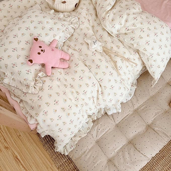 AOJIM Kids Muslin Duvet Cover with Azalea Pattern, Pure Cotton Floral Print Toddler Bedding Comforter Cover 1 Piece 47X59'', Ruffled Edges Crib Duvet Cover 2-Layer Muslin for Boys Girls, No Comforter