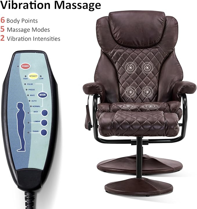 MCombo Recliner with Ottoman, Reclining Chair with Massage, 360 Swivel Living Room Chair Faux Leather, 4901 (Dark Brown)
