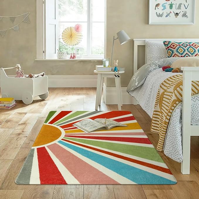 STARUIA Boho Washable Rug 4'x6' Kids Area Rug for Playroom, Non-Slip Kids Rug for Bedroom, Rainbow Modern Sun Carpet Soft Throw Sunshine Rugs for Office Nursery Entryway Dorm