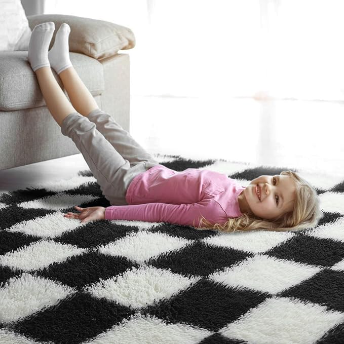 KICMOR 5x7 Rug for Living Room Bedroom, Fluffy Black and White Area Rug Fuzzy Shaggy Floor Carpets, Big Large Soft Plush Checkered Rugs for Kids Girls Boys Room Dorm Nursery, Home Decor Aesthetic