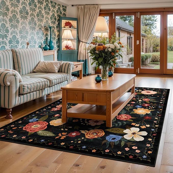 5x7 Washable Area Rug for Living Room, Floral Non-Slip Non-Shedding & Easy Care, Soft Low Pile Boho Indoor Floor Carpet for Living Room, Bedroom, Farmhouse, Dining Room, Kids Playroom, Black
