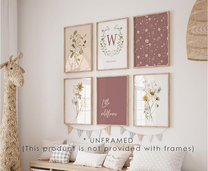 Personalized Name Flower Nursery Wall Art Prints, Crib & Nursery dรฉcor, Newborn Baby Girl Gift Present, Floral Baby Girl Room Pictures, Poster For Baby And Kids (6 Prints, Flower 3)