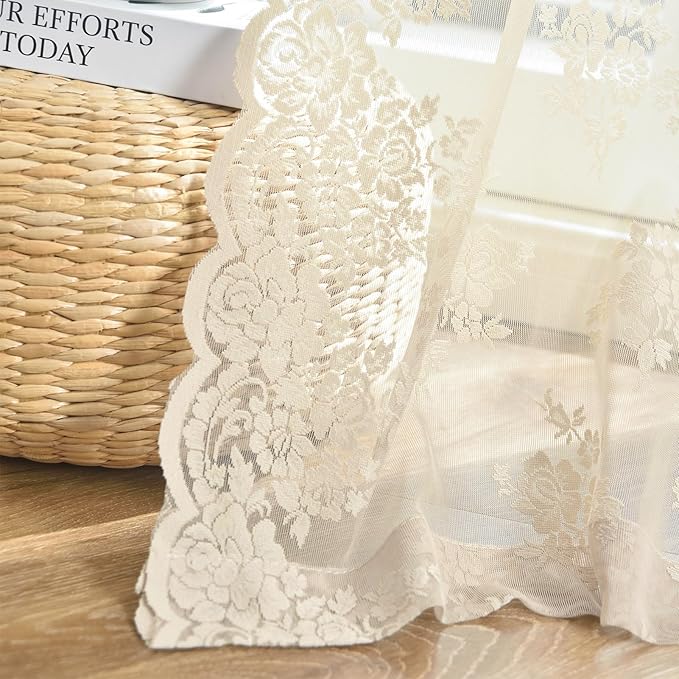 Kotile Short Lace Curtains 30 Inch Length 2 Panels Rustic Floral Retro Beige Kitchen Lace Curtains for Small Window, Rod Pocket Privacy Sheer Cafe Curtain Over Sink Cabinet, 42 x 30 Inch