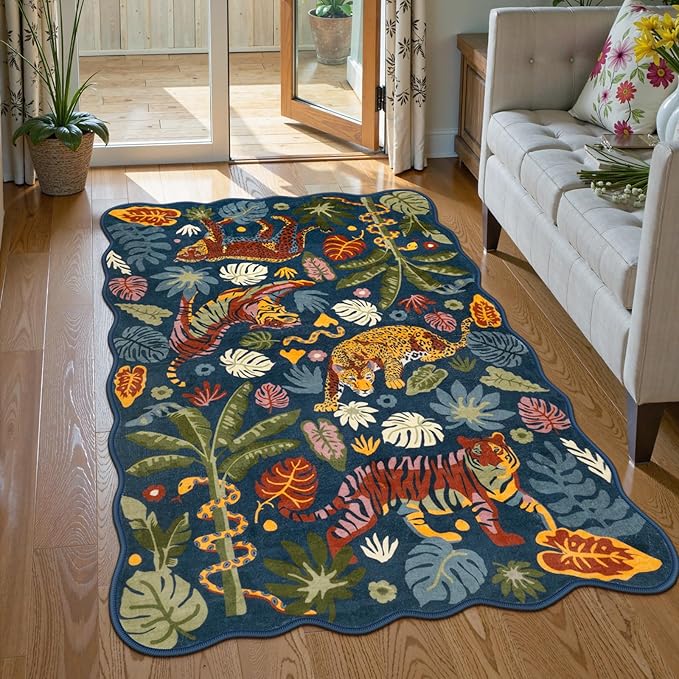 LEEVAN 3x5 Bedroom Rug Washable Tiger Kitchen Rugs Non Slip Blue Entryway Mat Scalloped Office Floor Pad Leopard Living Room Rug Low Pile Playroom Carpet Jungle Kids Mat