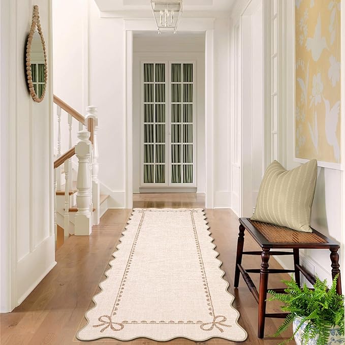 GarveeHome Scalloped Bow Rug for Living Room, Solid Beige Rug for Dorm, Washable Runner Rug 2.5x8 Soft Low Pile Non Slip Scalloped Rugs for Nursery Bedroom Decor Hallway Entryway Playroom