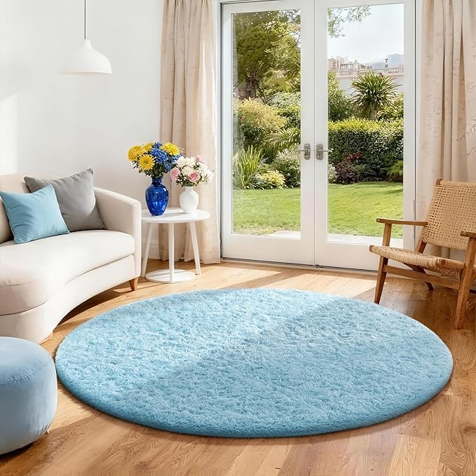 Ophanie Soft Fluffy Shaggy Rugs for Bedroom Living Room Dorm Nursery Home Decor Aesthetic,Color Light Blue, Size 4' Round
