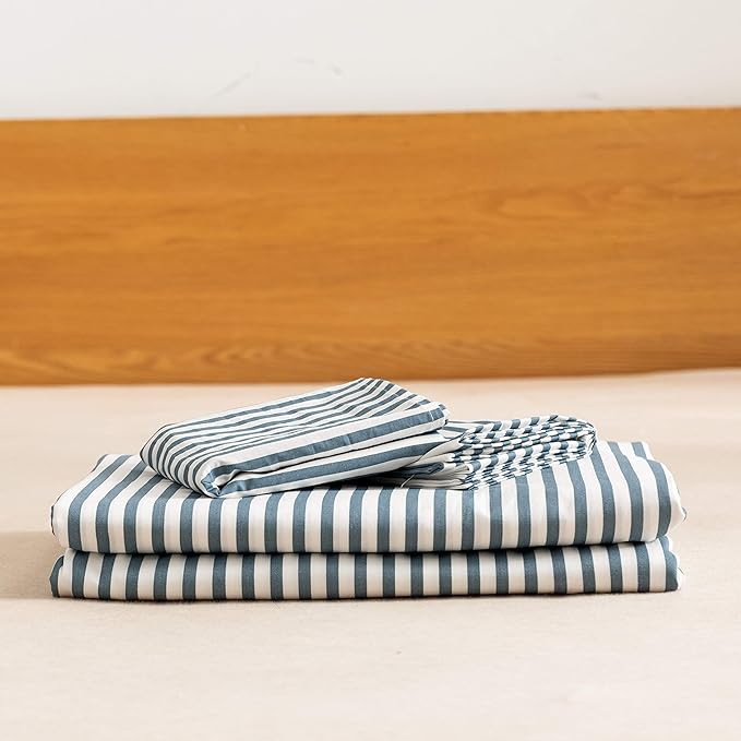 JELLYMONI 100% Natural Cotton 3pcs Striped Duvet Cover Sets,White Duvet Cover with Grayish Blue Stripes Pattern Printed Comforter Cover,with Zipper Closure & Corner Ties(King Size)