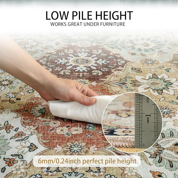 Area Rugs 4x6 Rug for Bedroom, Clearance Washable Area Rug, Non-Slip Lightweight Low Pile Rug for Living Room Dining Room Nursery Room Entryway,Multi/Green
