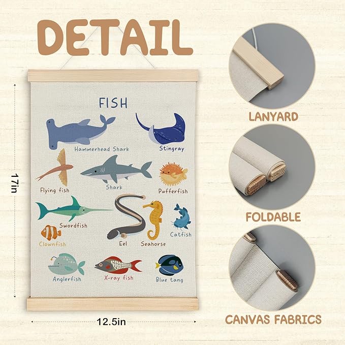 SereneHanctuary Fish Wall Art, Ocean Nursery Wall Decor, Coastal Beach Marine Animal Fish Poster Hanger Frame for Toddler Kids Room Bedroom Nursery Playroom Classroom Decor, 12x16 Inches