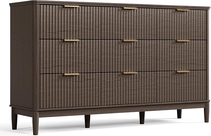 LINSY HOME Fluted Dresser for Bedroom with 9 Drawers, 58" Wide Mid Century Modern Dresser, Tall Boho Chest of Drawers, Large Wood Accent Storage Cabinet for Living Room, Curved Profile Design, Walnut