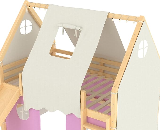 Playhouse Design Full Size Loft Bed with Slide & Tent, Solid Wood Tent Bed Frame for Kids Boys Girls, Versatile Spacious Under Bed Space, Chic Design with Lights (Natural+Pink-Full)