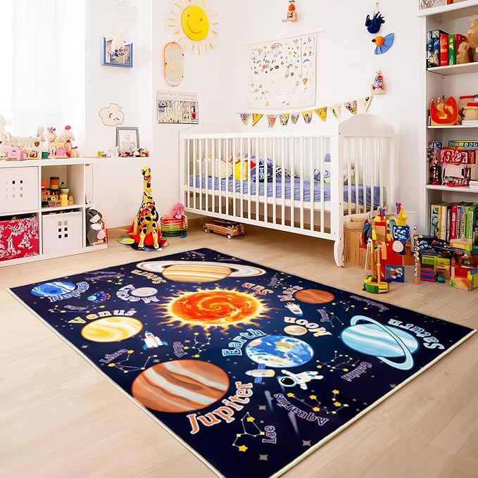 Kids Rugs for Playroom, 4x5 Feet Educational Rug for Learn The ABC Alphabet, Soft Machine Washable Non-Slip Cute Space Galaxy Carpet for Classroom Toddler Nursery Kids Room Decor Mat